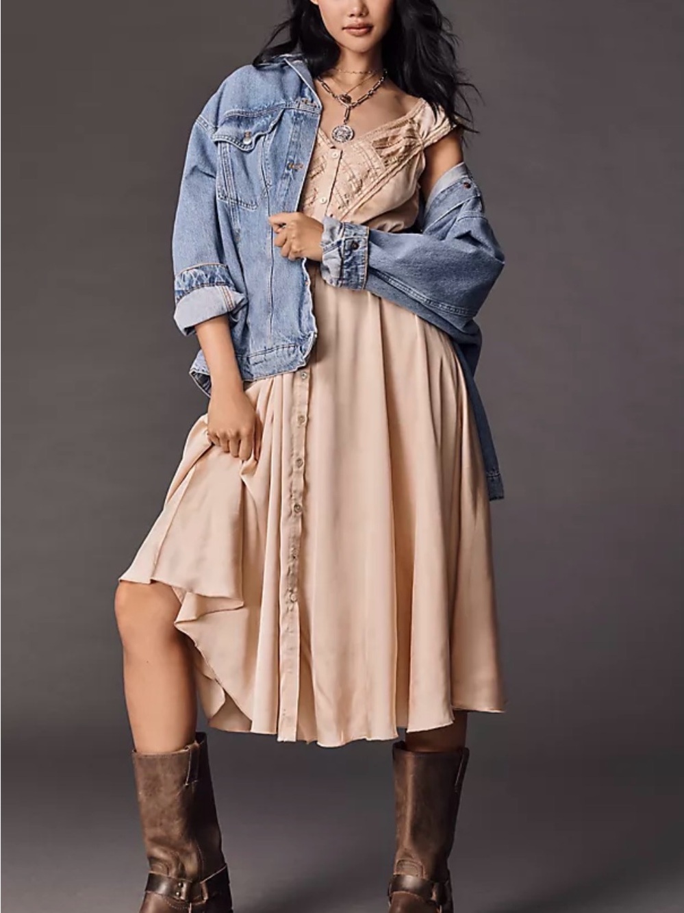 Anthropologie Cream Satin Maxi Dress with Lace Yoke